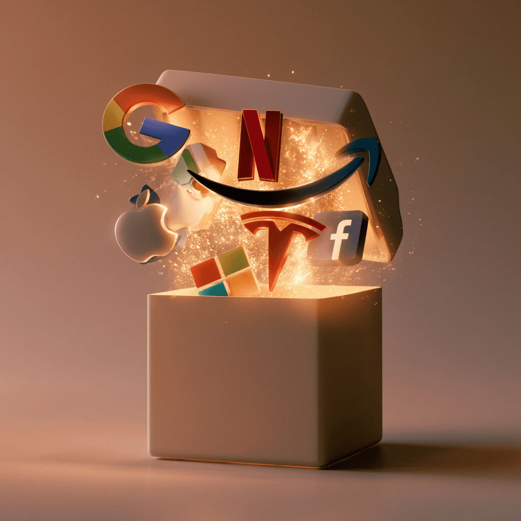 Un coffret cadeau d'où s'échappent les logos de grandes entreprises