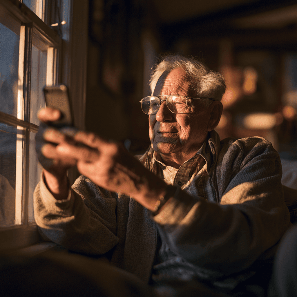 Un grand-père filme un message avec son téléphone