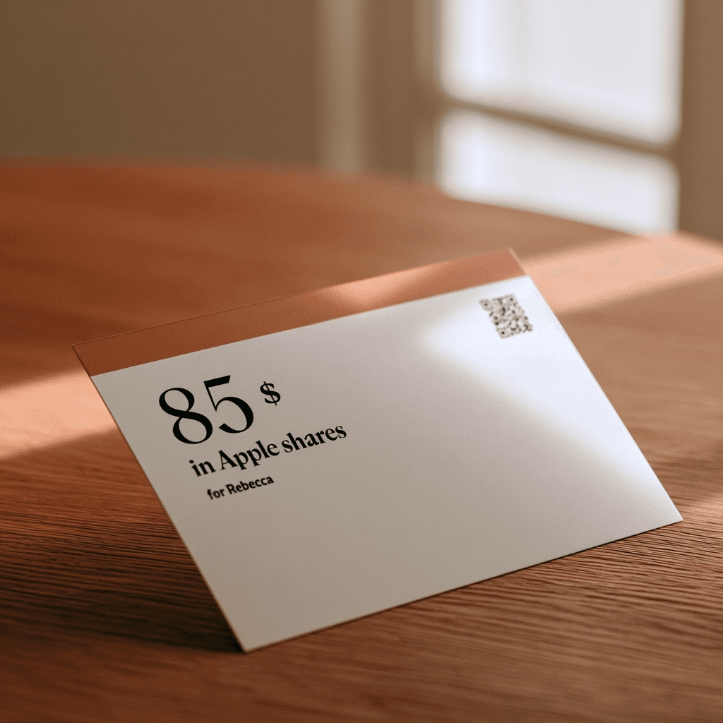 Un bon cadeau avec QR code posé sur une table en bois