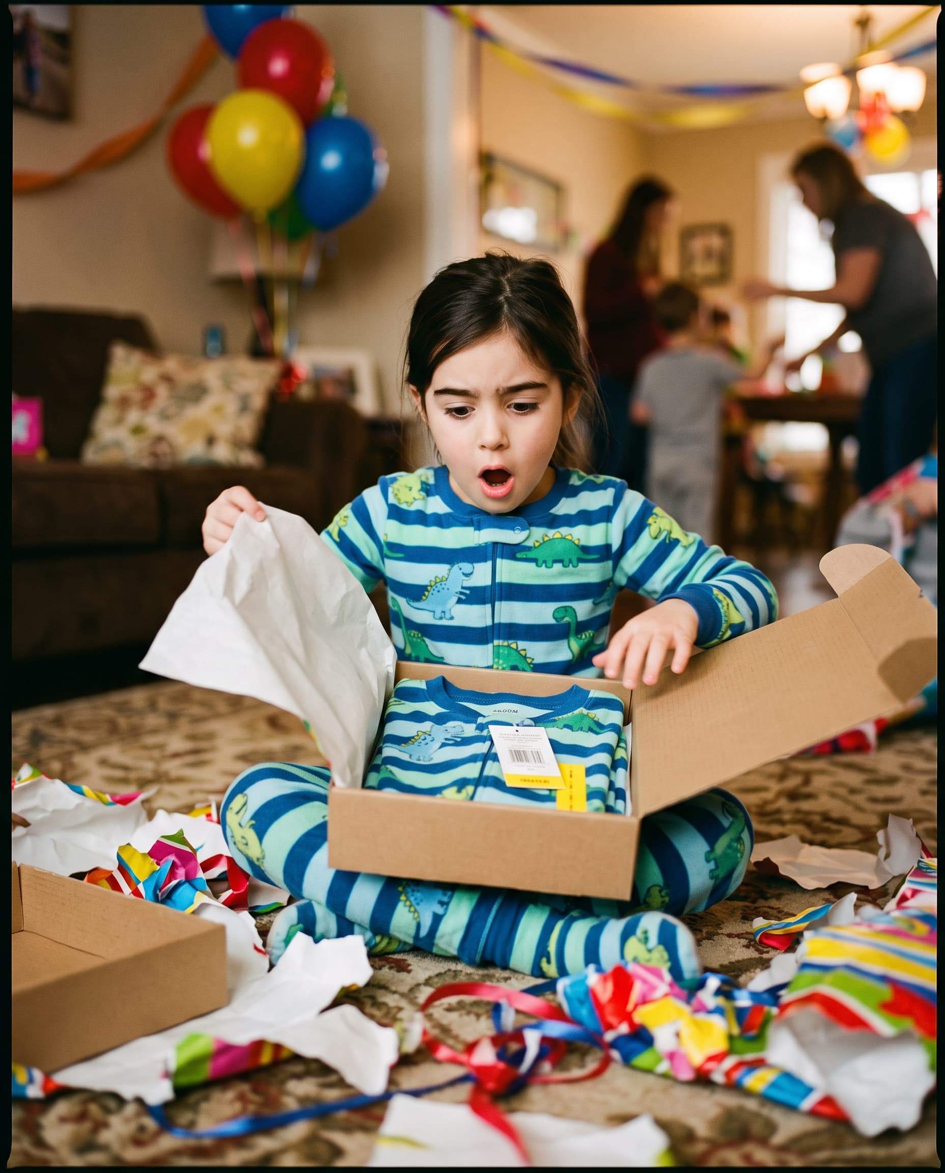 Une petite fille déçue découvre un nouveau pyjama dinosaure dans son cadeau